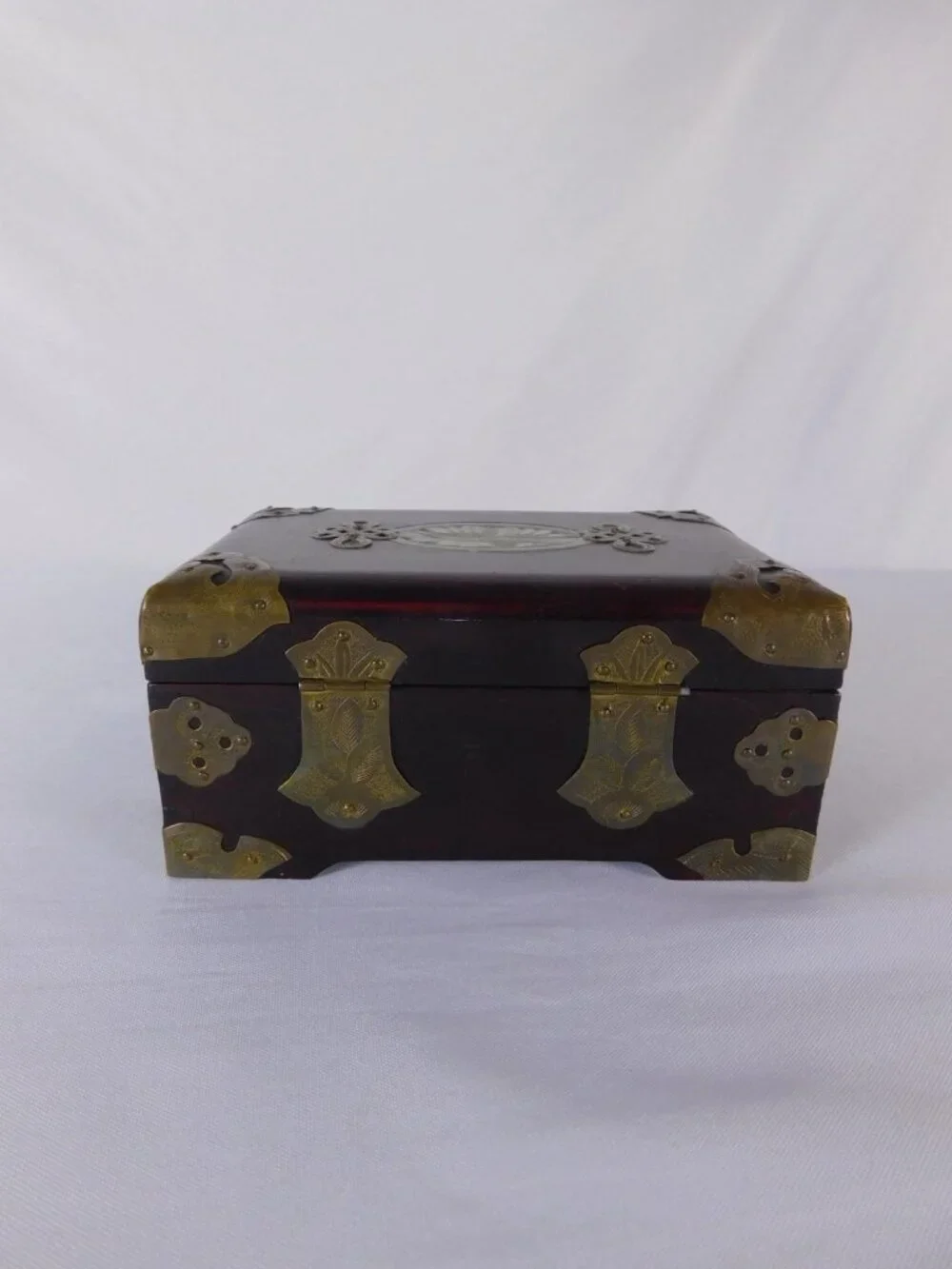 Vintage Chinese Wood Jewelry Box Brass Hardware Jade Inlay Style Lined Trinket